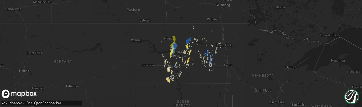 Hail map in North Dakota on June 30, 2020