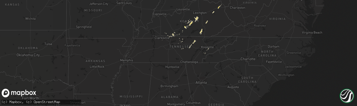 Hail map in Tennessee on July 1, 2013