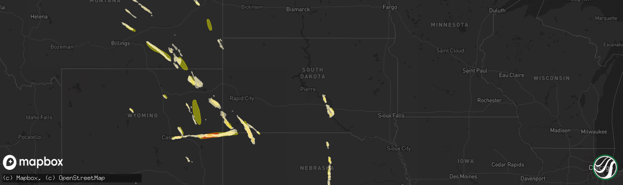 Hail map in South Dakota on July 1, 2015