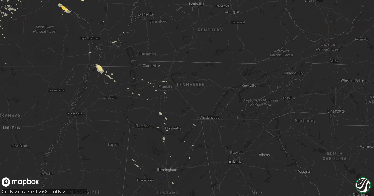 Hail map in Tennessee on July 1, 2015