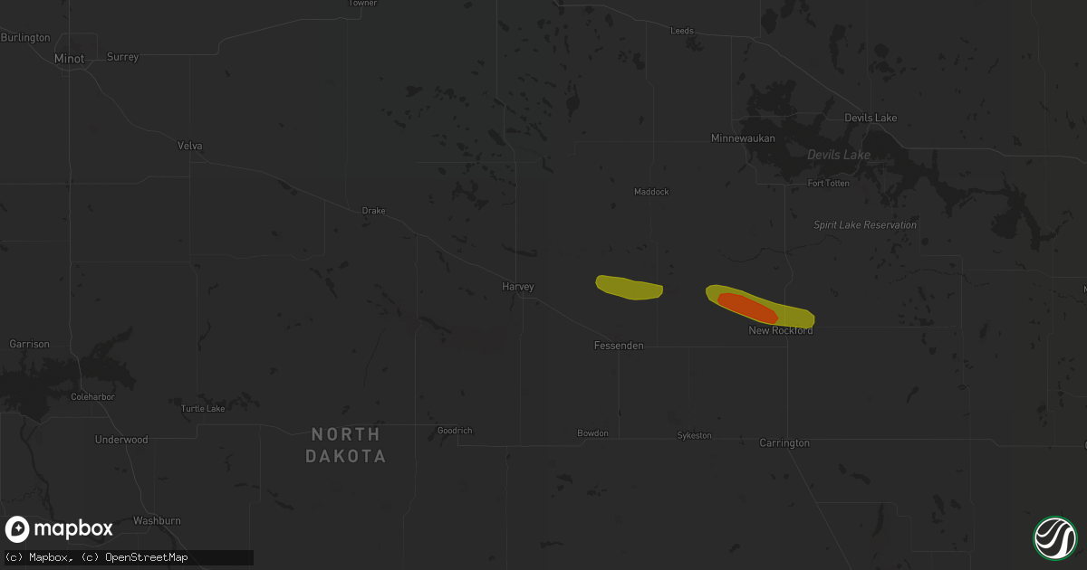 Hail map in Harvey, ND on July 1, 2018
