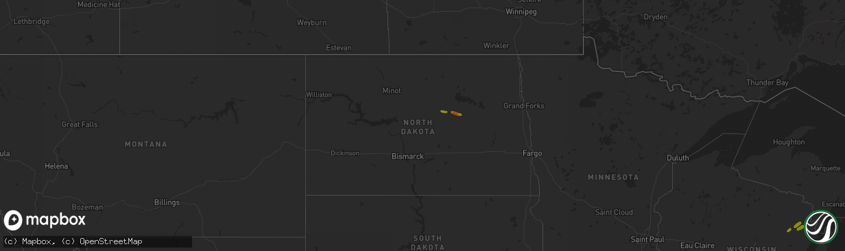 Hail map in North Dakota on July 1, 2018