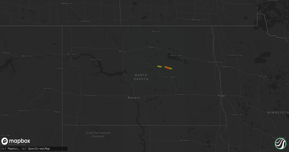 Hail map in North Dakota on July 1, 2018