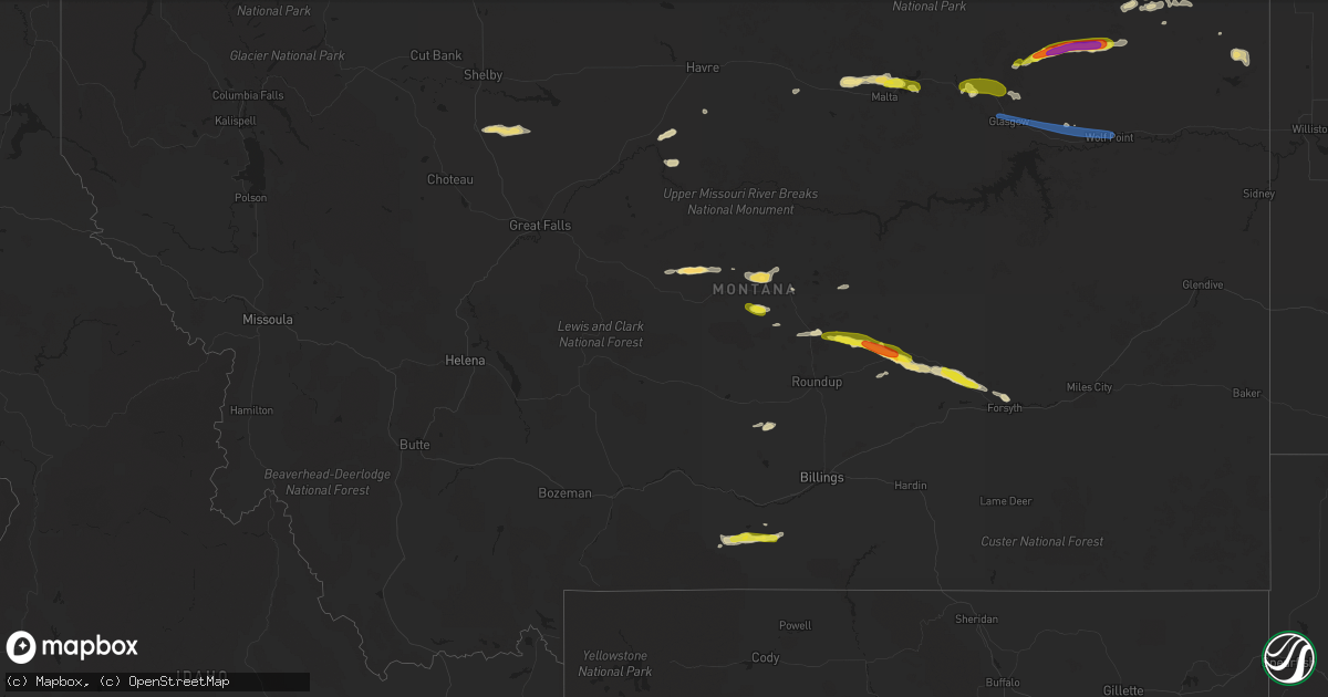 Hail map in Montana on July 1, 2019