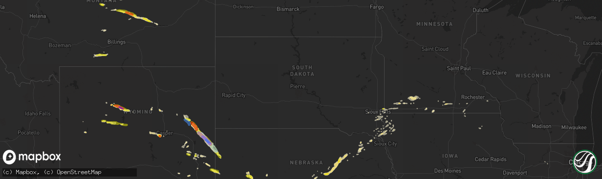 Hail map in South Dakota on July 1, 2019