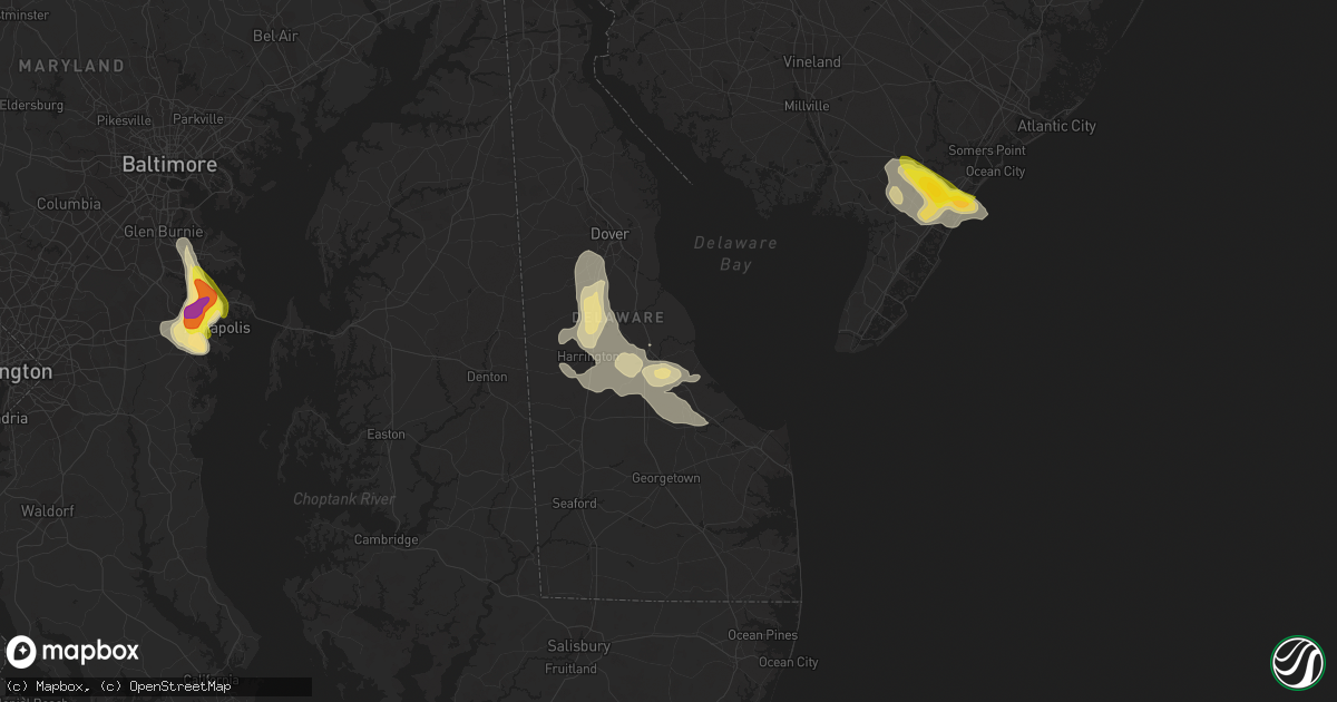 Hail map in Milford, DE on July 1, 2020