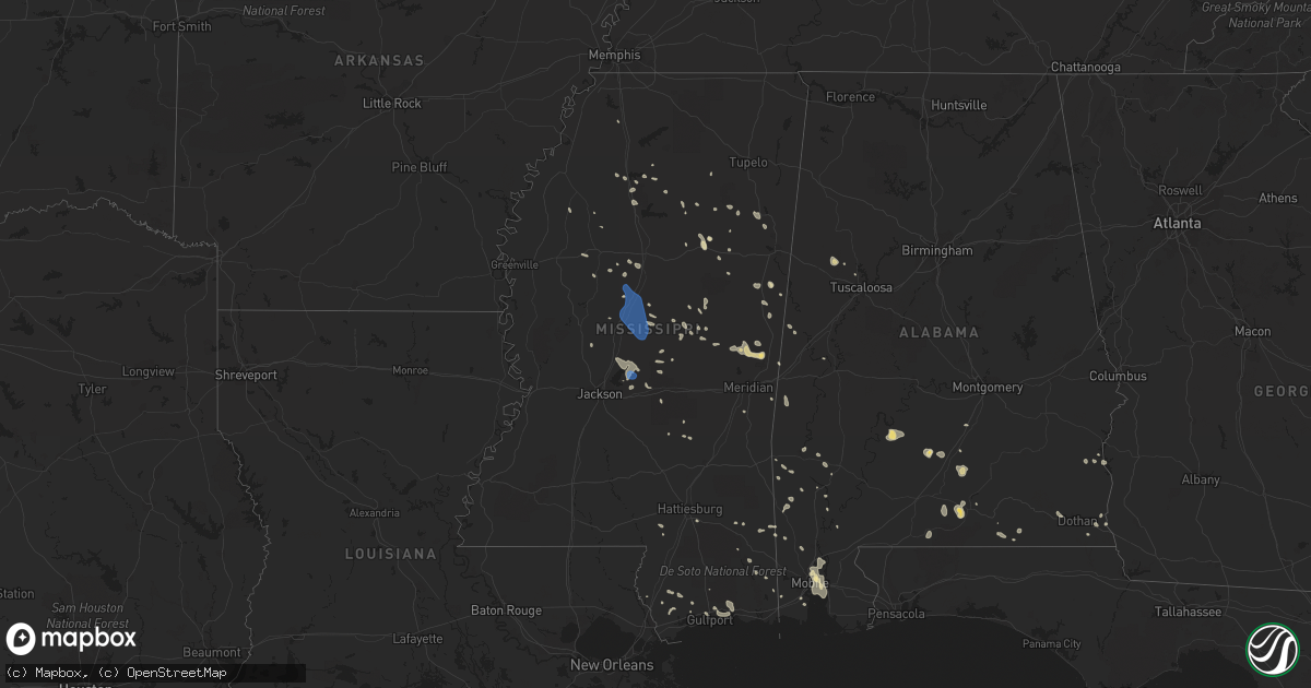 Hail map in Mississippi on July 1, 2020