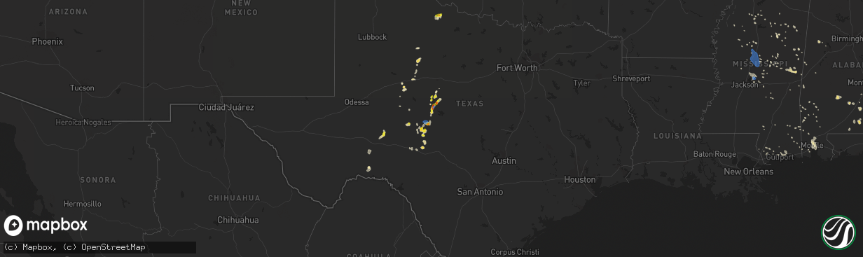 Hail map in Texas on July 1, 2020
