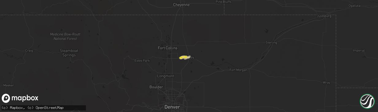 Hail map in Greeley, CO on July 1, 2021