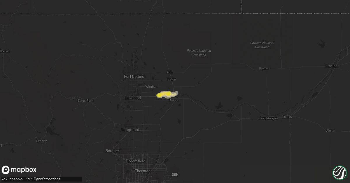 Hail map in Greeley, CO on July 1, 2021