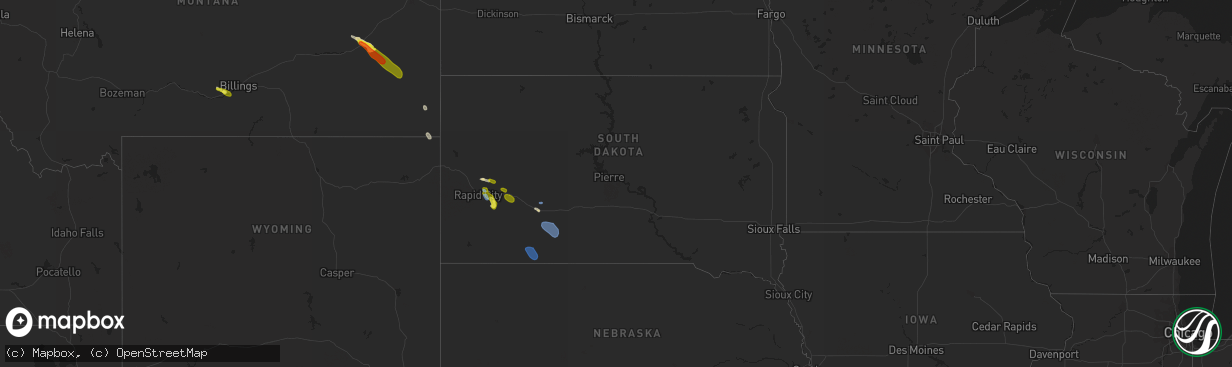 Hail map in South Dakota on July 1, 2022
