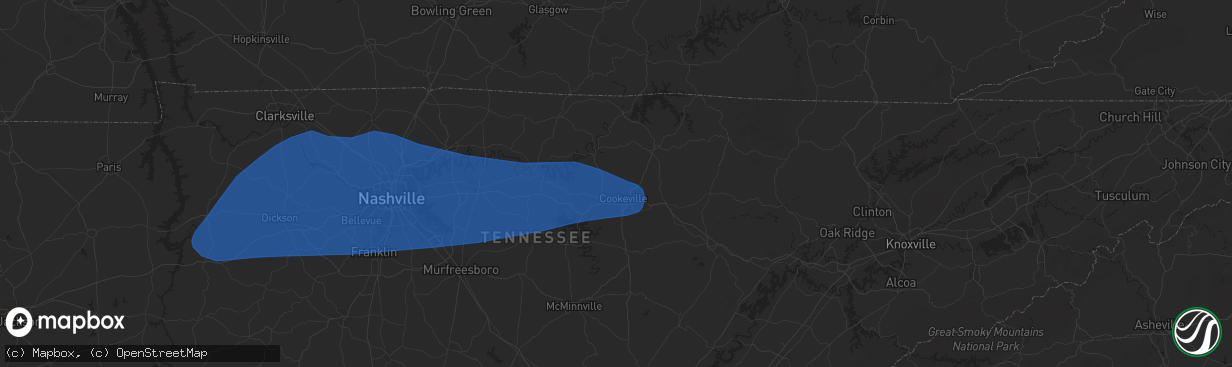 Hail map in Cookeville, TN on July 1, 2023