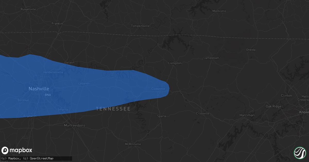 Hail map in Cookeville, TN on July 1, 2023