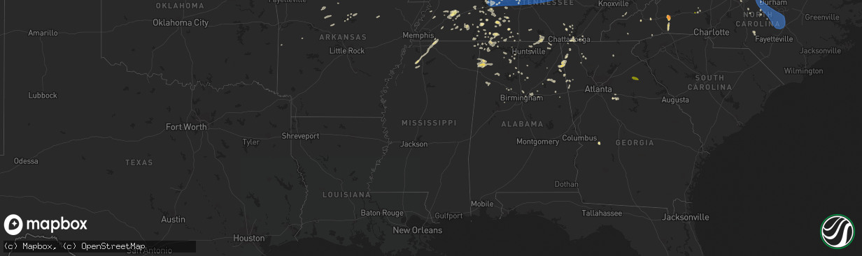 Hail map in Mississippi on July 1, 2023