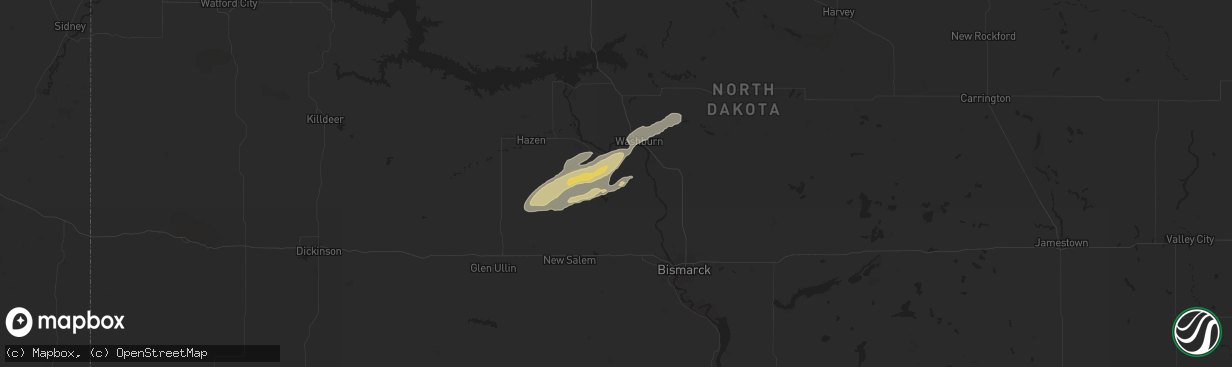 Hail map in Center, ND on July 1, 2024