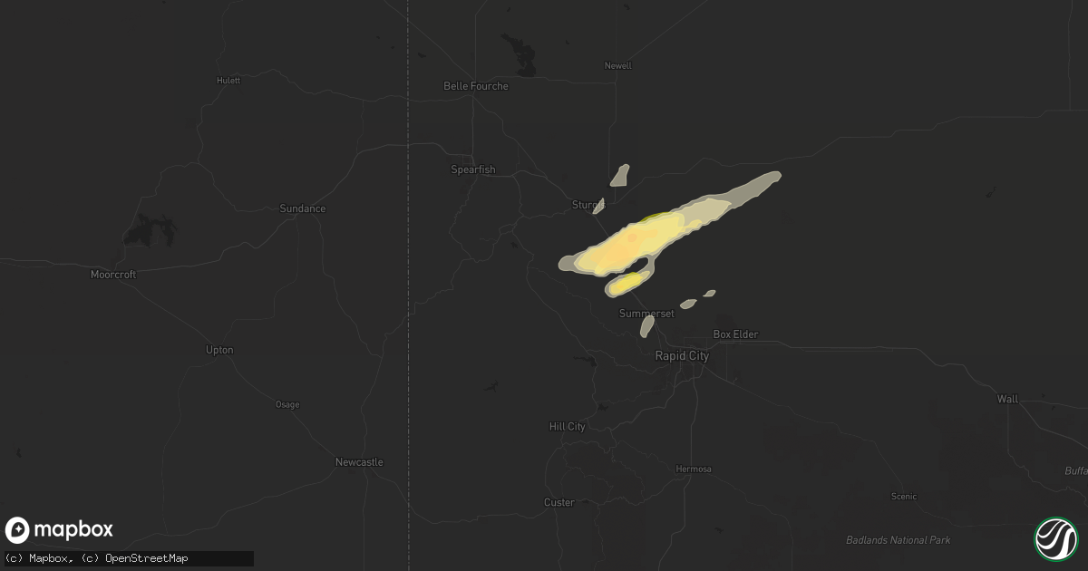 Hail map in Deadwood, SD on July 1, 2024