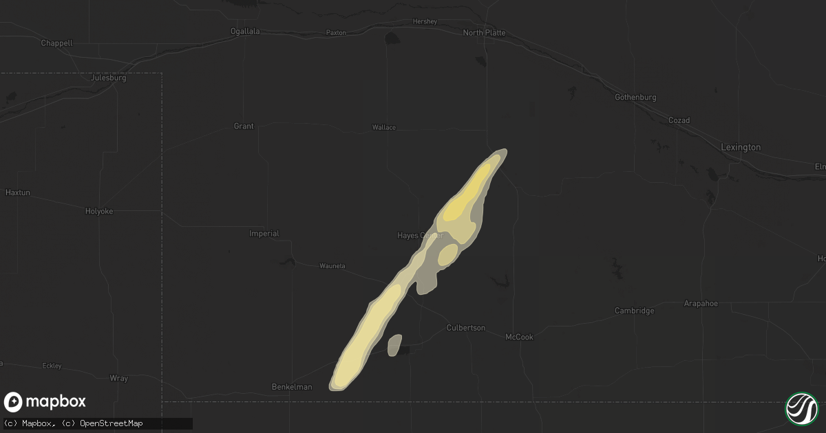 Hail map in Hayes Center, NE on July 1, 2024