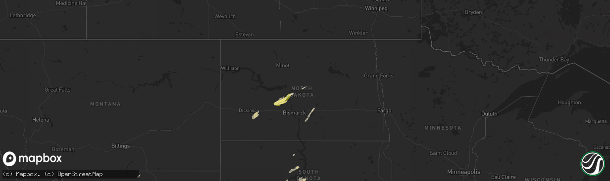 Hail map in North Dakota on July 1, 2024