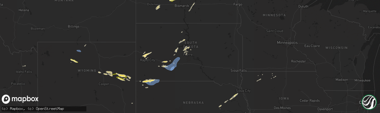 Hail map in South Dakota on July 1, 2024