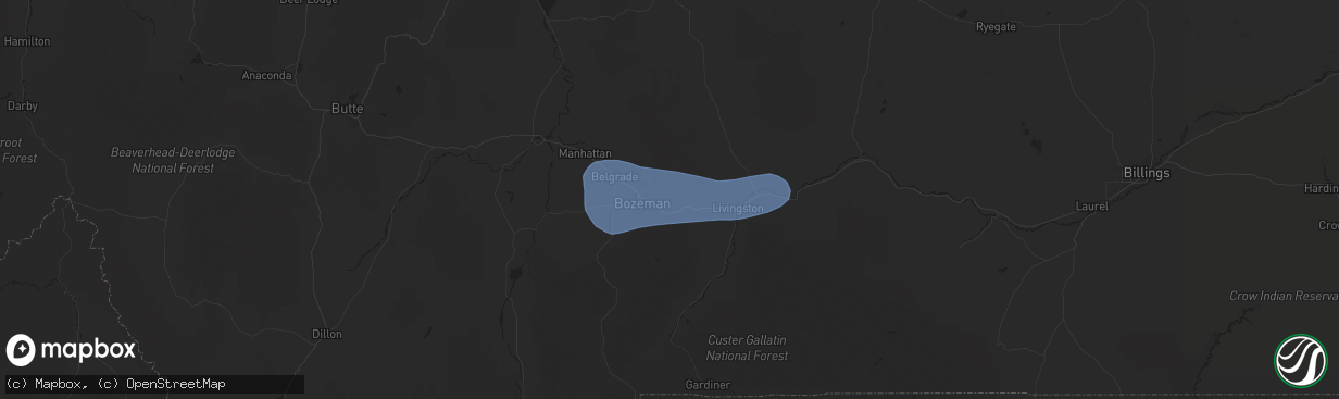 Hail map in Bozeman, MT on July 1, 2025
