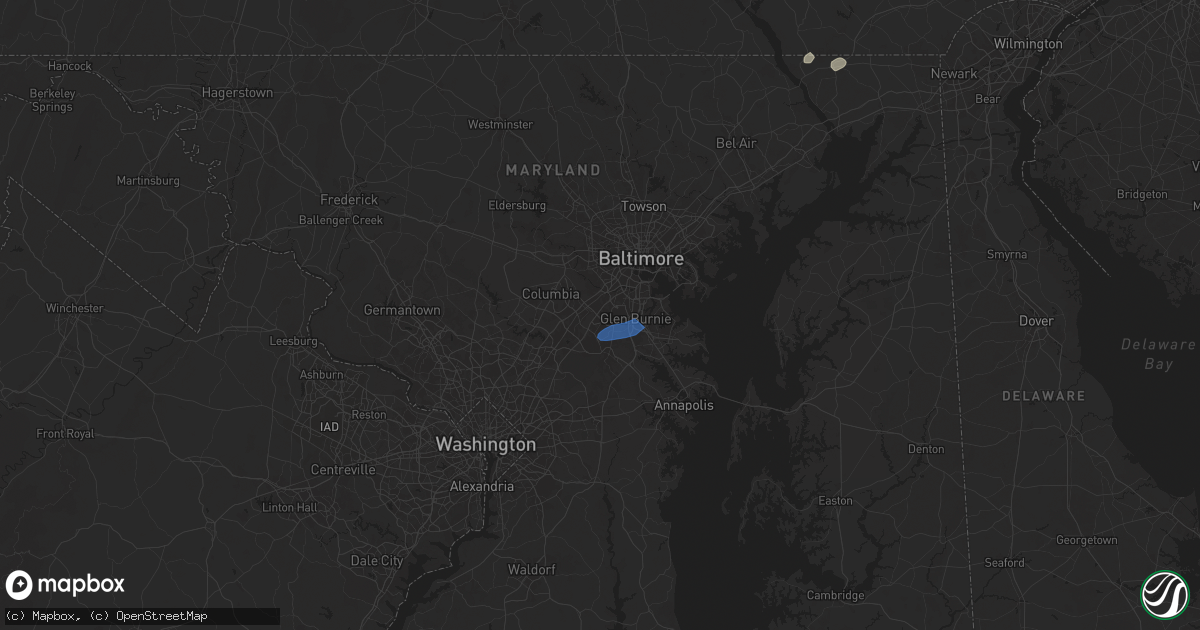 Hail map in Hanover, MD on July 1, 2025