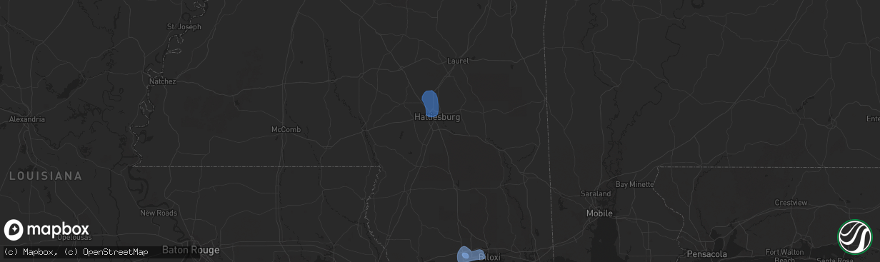 Hail map in Hattiesburg, MS on July 1, 2025