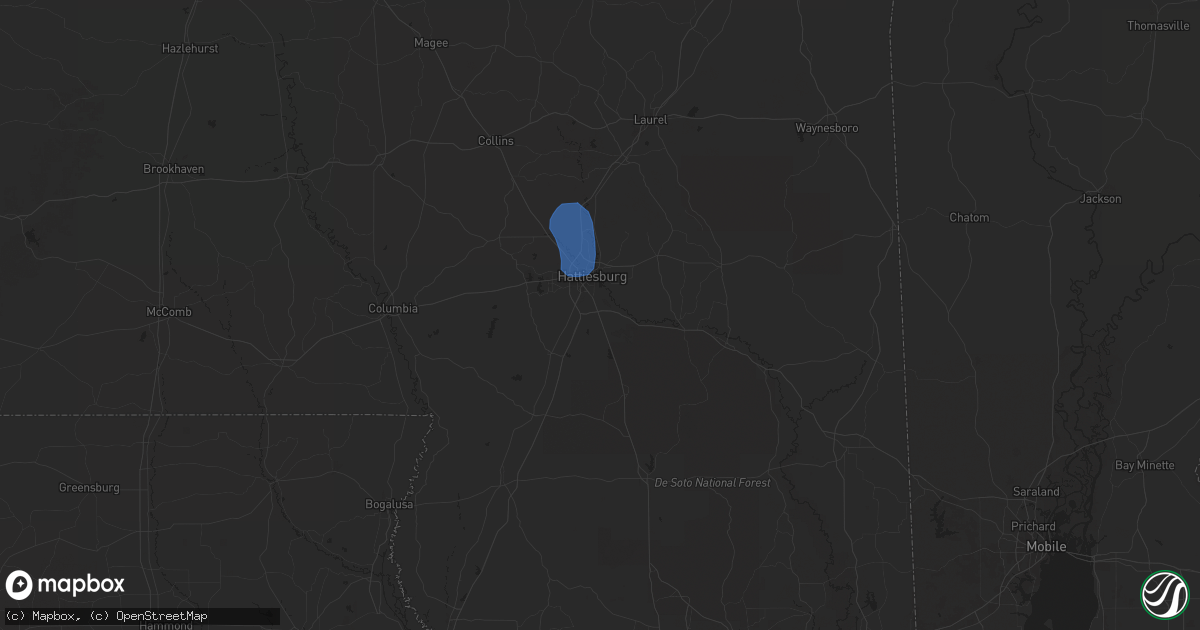 Hail map in Hattiesburg, MS on July 1, 2025