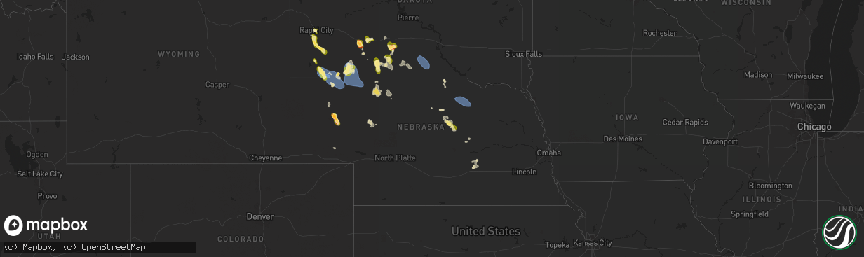 Hail map in Nebraska on July 1, 2025