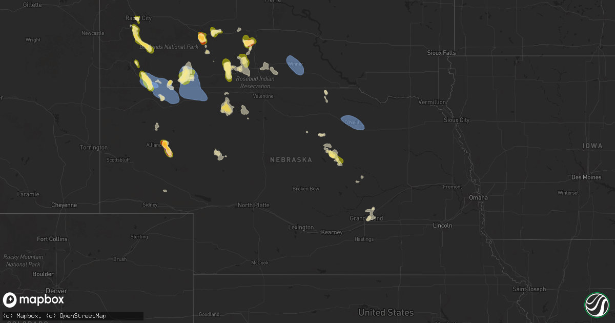 Hail map in Nebraska on July 1, 2025