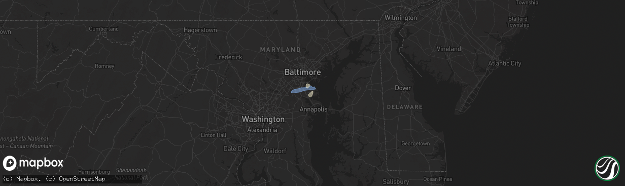 Hail map in Pasadena, MD on July 1, 2025