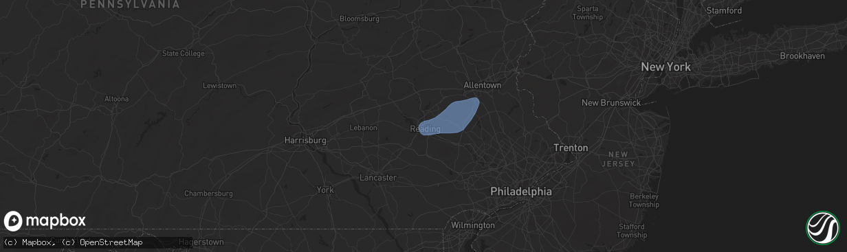Hail map in Reading, PA on July 1, 2025