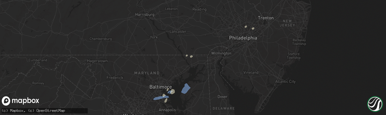 Hail map in Rising Sun, MD on July 1, 2025
