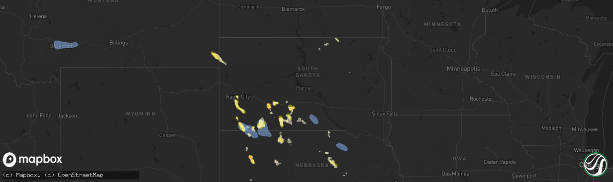 Hail map in South Dakota on July 1, 2025