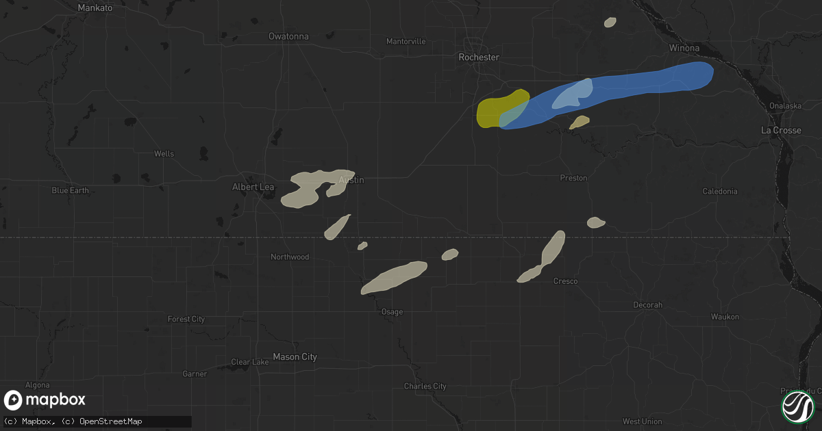 Hail map in Adams, MN on July 1, 2026