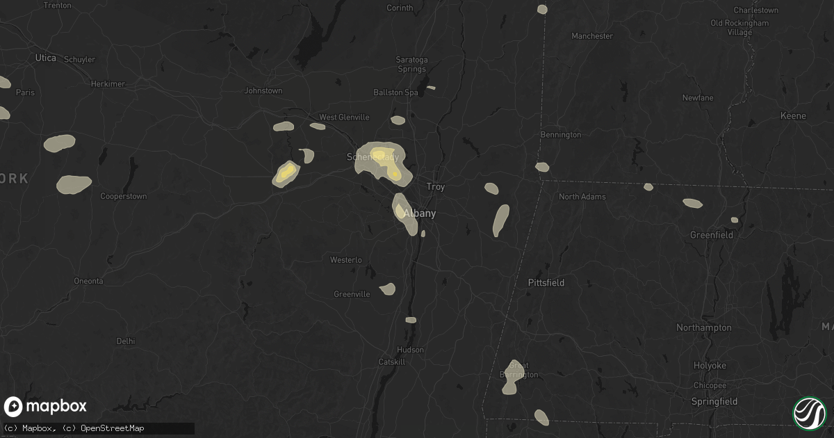 Hail map in Albany, NY on July 1, 2026