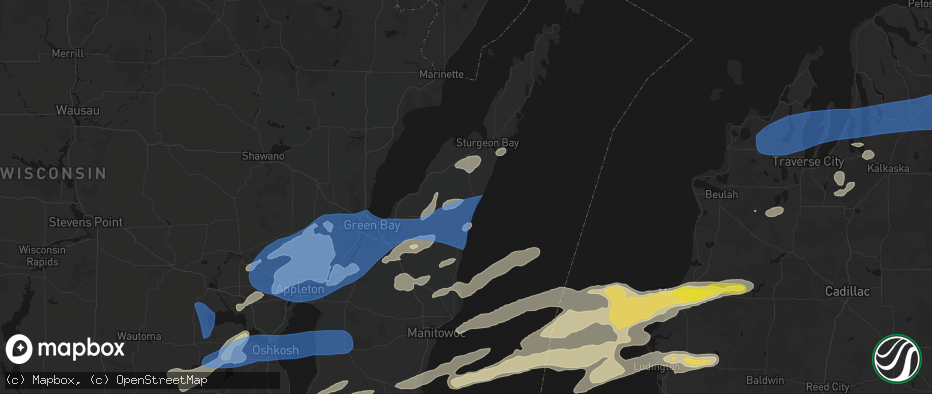 Hail map in Algoma, WI on July 1, 2026