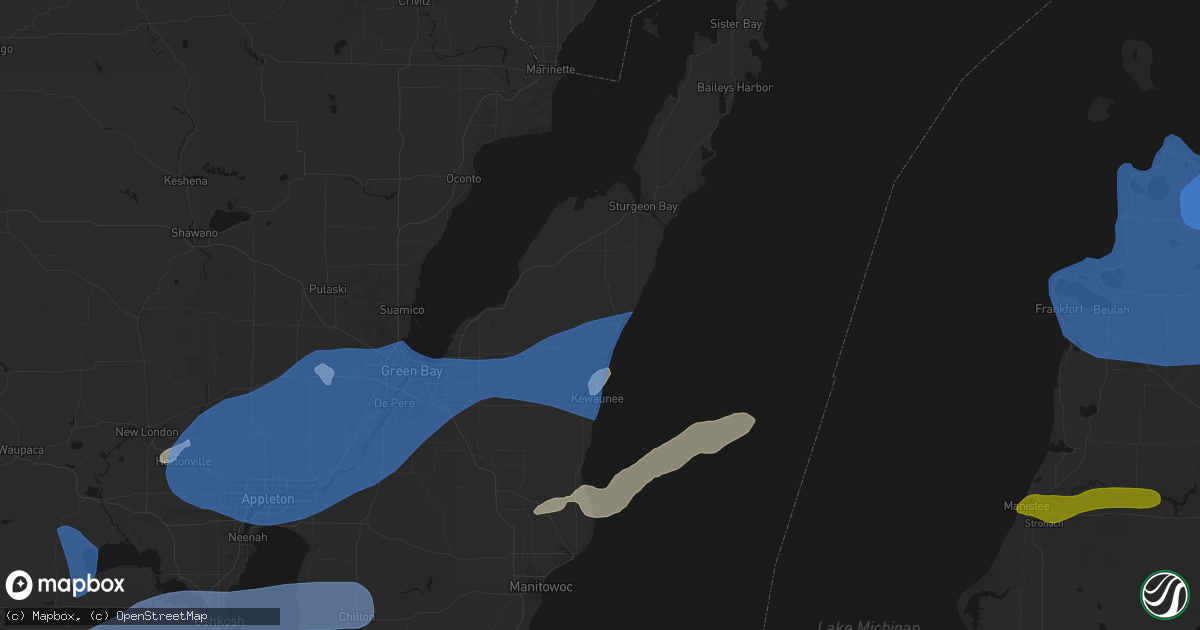 Hail map in Algoma, WI on July 1, 2026