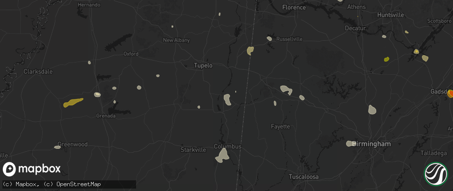 Hail map in Amory, MS on July 1, 2026