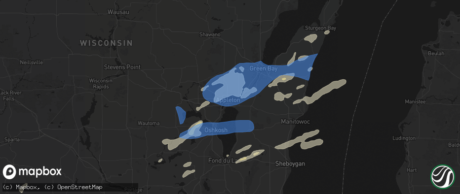 Hail map in Appleton, WI on July 1, 2026