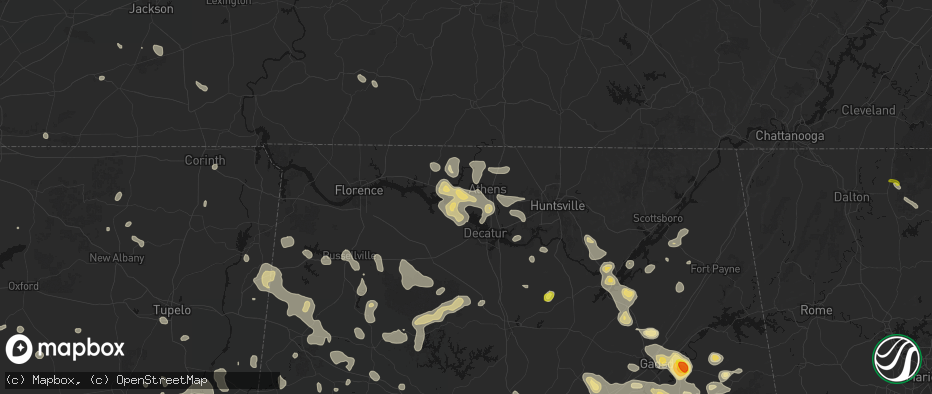 Hail map in Athens, AL on July 1, 2026