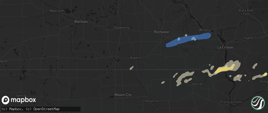 Hail map in Austin, MN on July 1, 2026