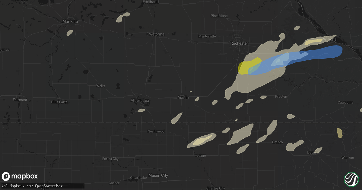 Hail map in Austin, MN on July 1, 2026