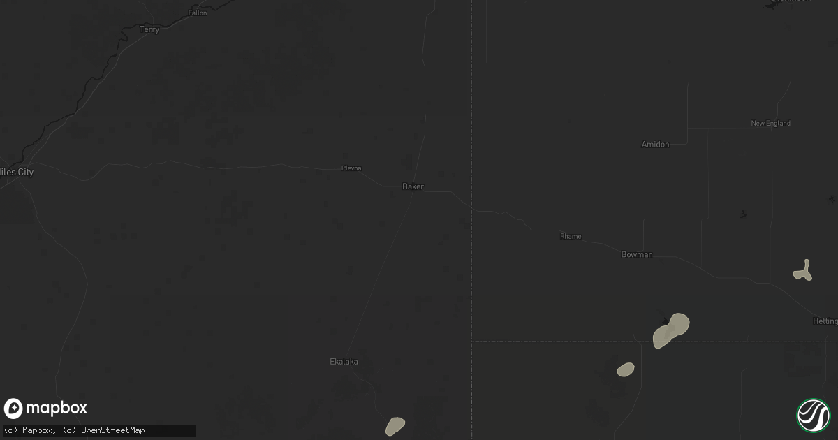 Hail map in Baker, MT on July 1, 2026