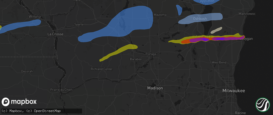 Hail map in Baraboo, WI on July 1, 2026