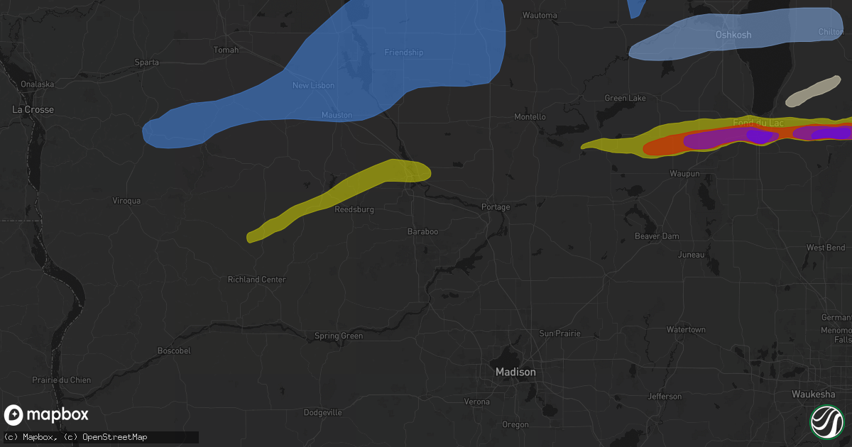 Hail map in Baraboo, WI on July 1, 2026