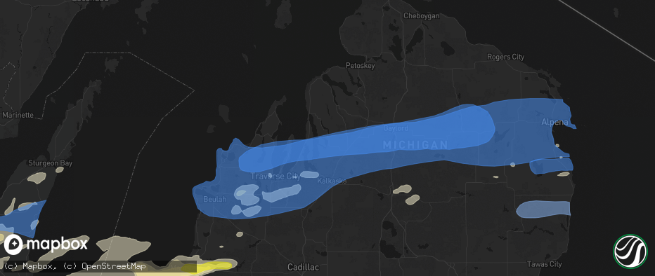Hail map in Bellaire, MI on July 1, 2026