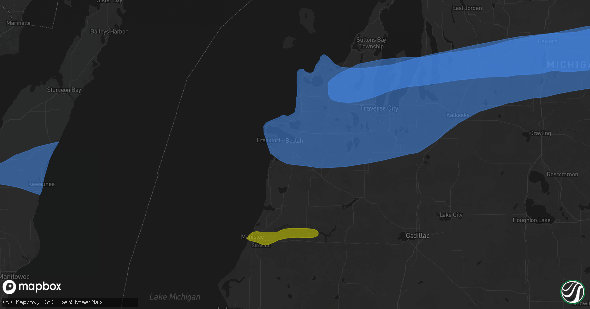 Hail map in Benzonia, MI on July 1, 2026