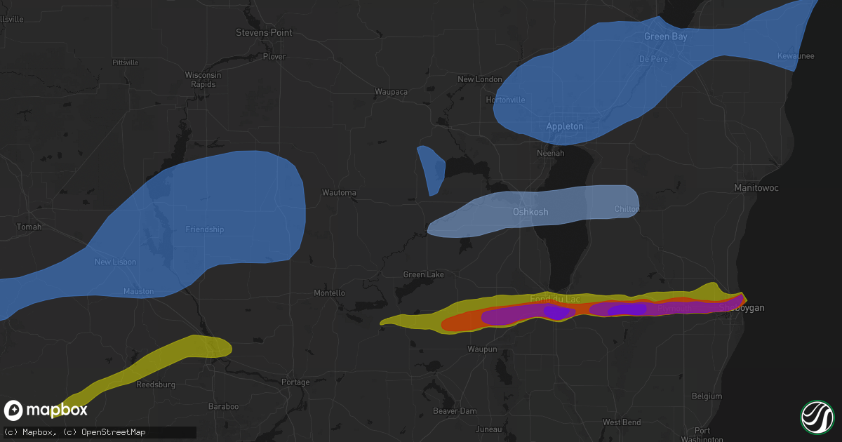 Hail map in Berlin, WI on July 1, 2026