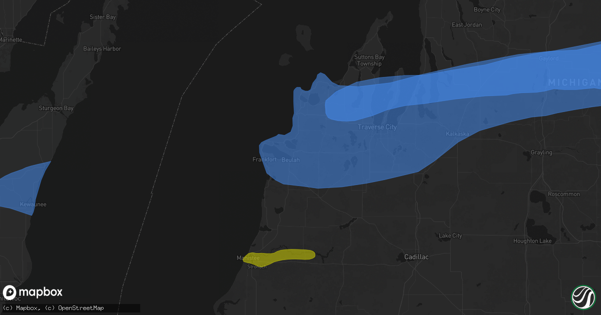 Hail map in Beulah, MI on July 1, 2026