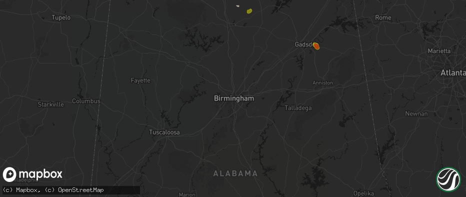 Hail map in Birmingham, AL on July 1, 2026